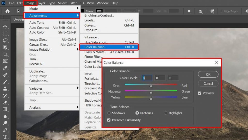 Image of color balance options in adobe