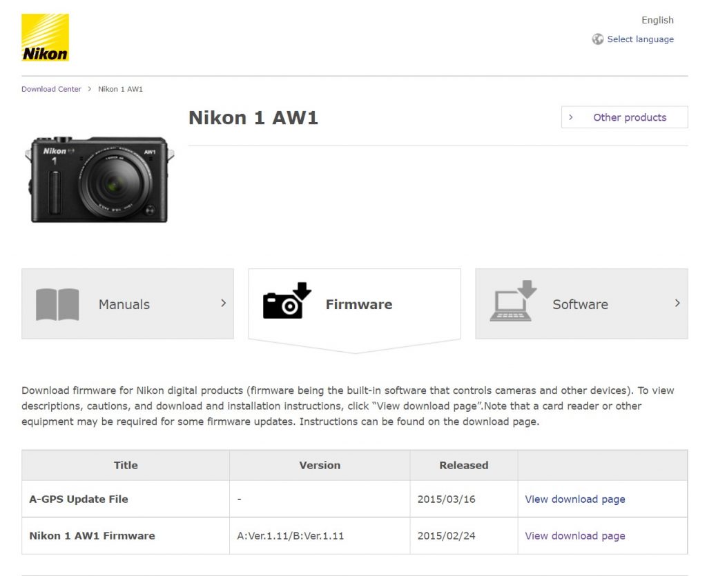 Download page of Nikon