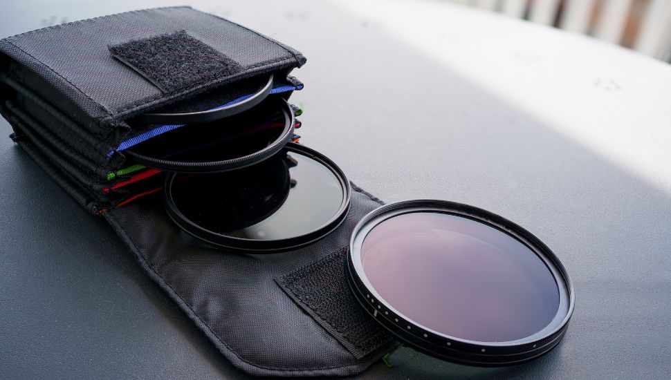 camera lens filters in a protective pouch