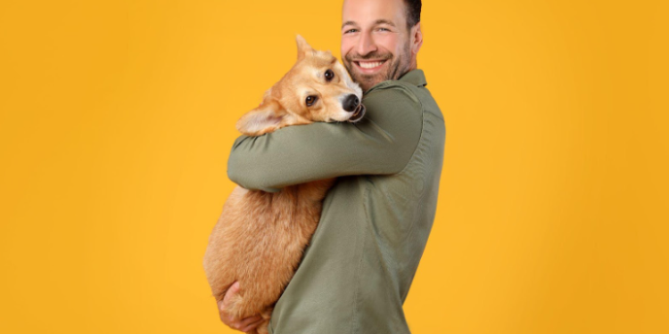 happy man holding happy corgi yellow background